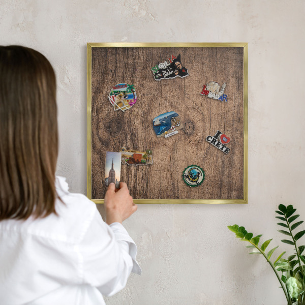 Metal magnet board with a gold frame Wooden texture