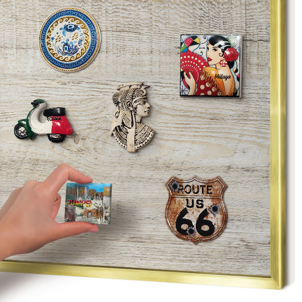Metal magnet board with a gold frame Wooden texture
