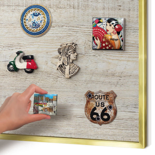 Metal magnet board with a gold frame Wooden texture