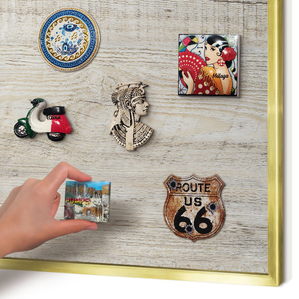 Metal magnet board with a gold frame Wooden texture