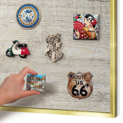 Metal magnet board with a gold frame Wooden texture