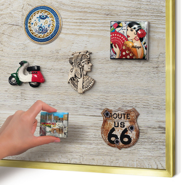 Metal magnet board with a gold frame Wooden texture
