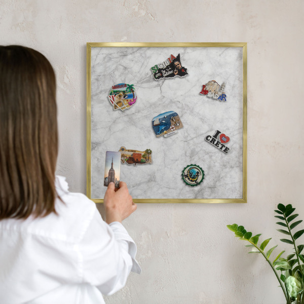 Metal magnet board with a gold frame Gray marble