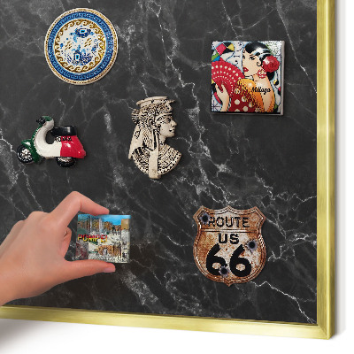 Metal magnet board with a gold frame Black marble