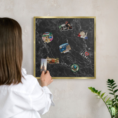 Metal magnet board with a gold frame Black marble