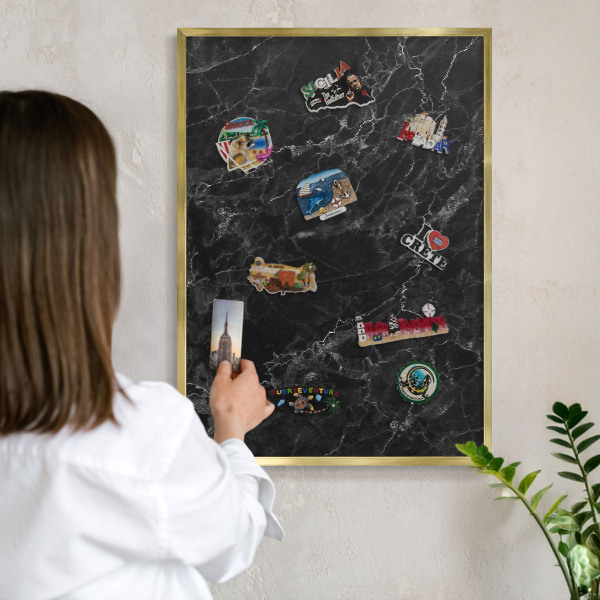 Metal magnet board with a gold frame Black marble