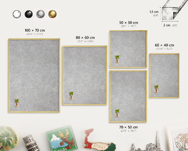 Metal magnet board with a gold frame Gray texture