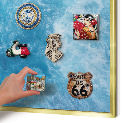 Metal magnet board with a gold frame Ocean waves