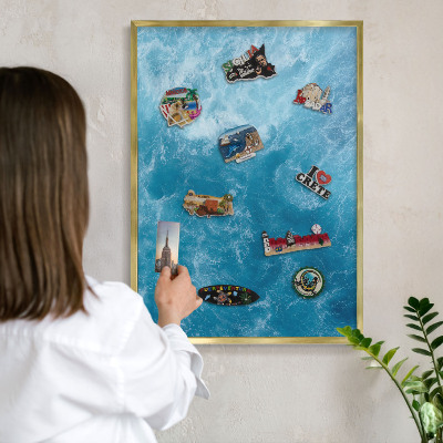 Metal magnet board with a gold frame Ocean waves