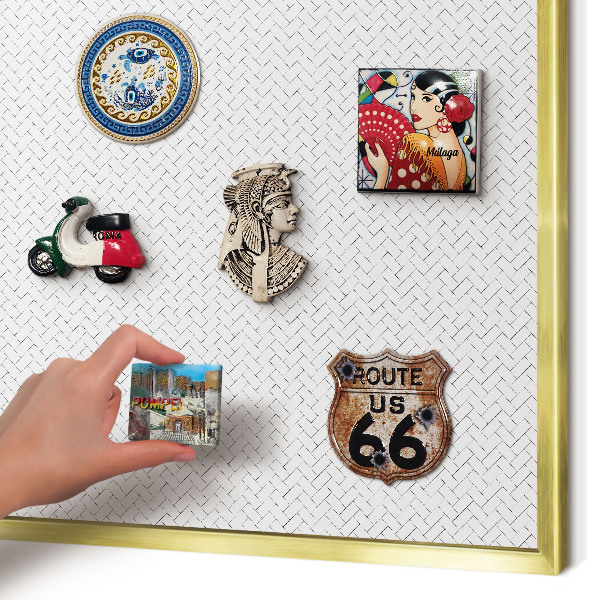 Metal magnet board with a gold frame White herringbone