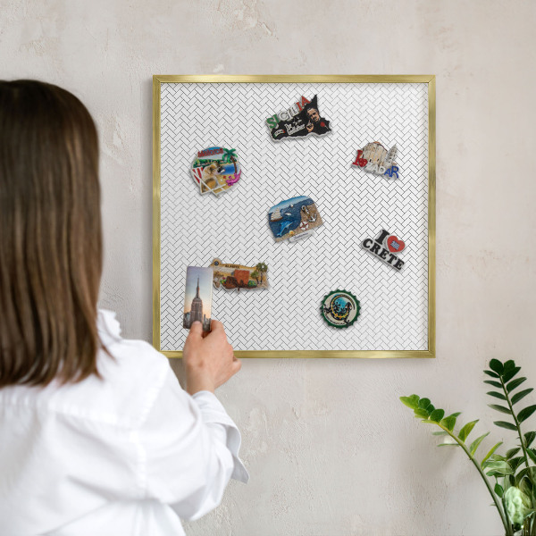Metal magnet board with a gold frame White herringbone