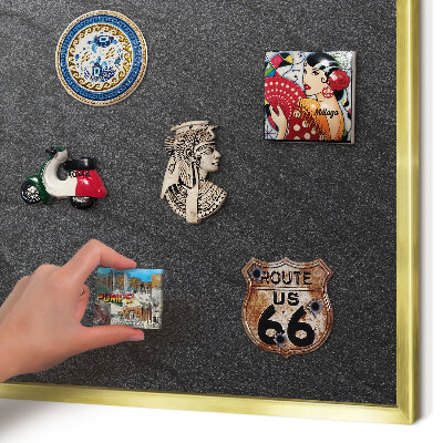 Metal magnet board with a gold frame Black texture