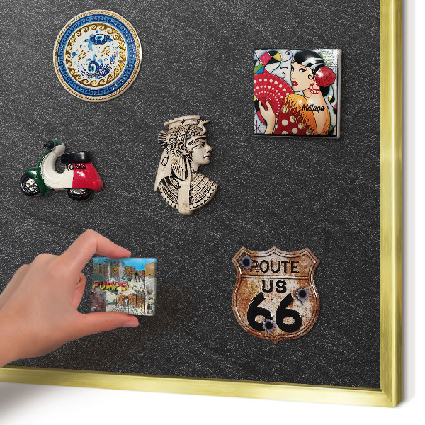 Metal magnet board with a gold frame Black texture