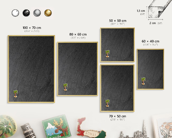 Metal magnet board with a gold frame Black texture