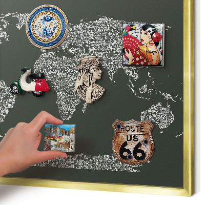 Magnetic board for magnets in a gold frame Text map