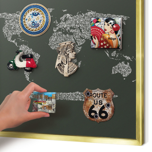 Magnetic board for magnets in a gold frame Text map