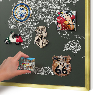 Magnetic board for magnets in a gold frame Text map