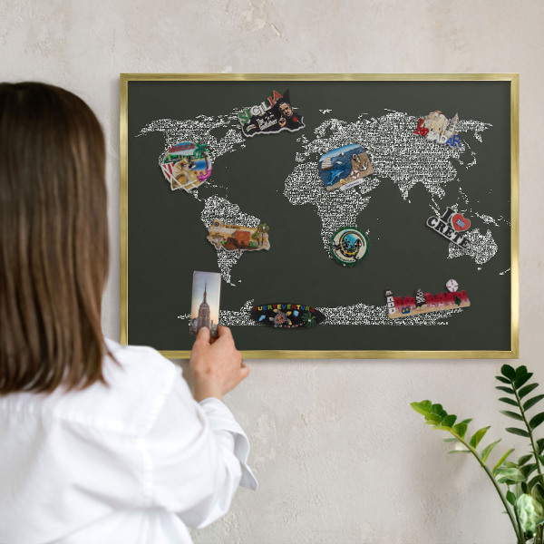 Magnetic board for magnets in a gold frame Text map