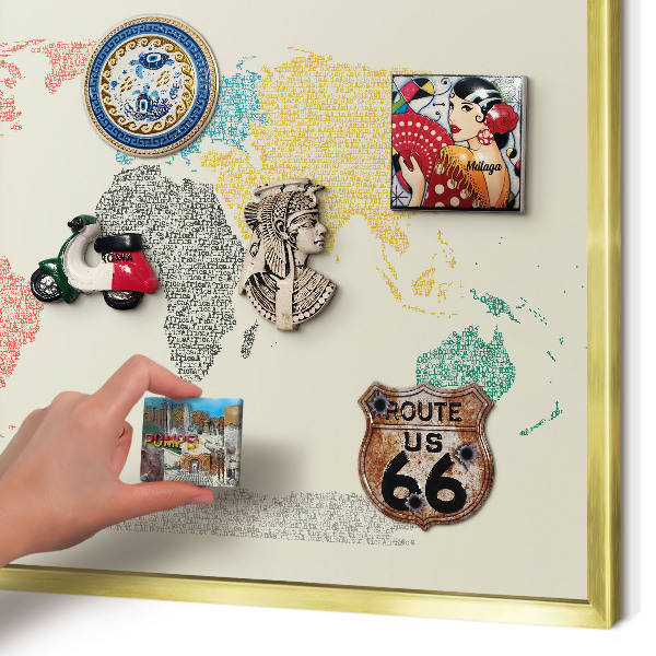 Metal magnet board with a gold frame World map