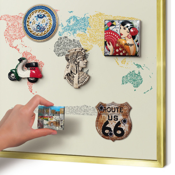 Metal magnet board with a gold frame World map