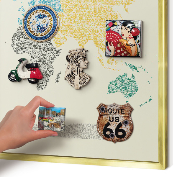 Metal magnet board with a gold frame World map