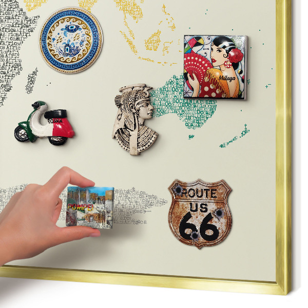 Metal magnet board with a gold frame World map