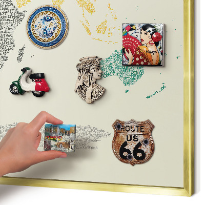 Metal magnet board with a gold frame World map