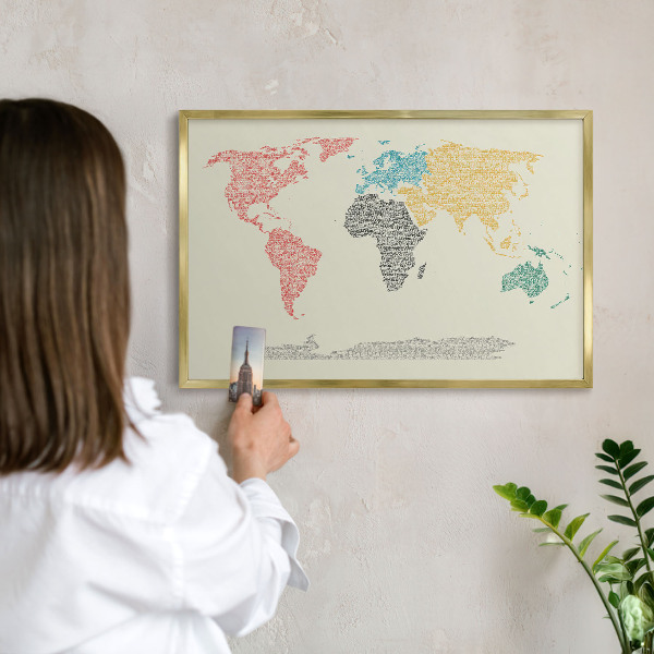 Metal magnet board with a gold frame World map