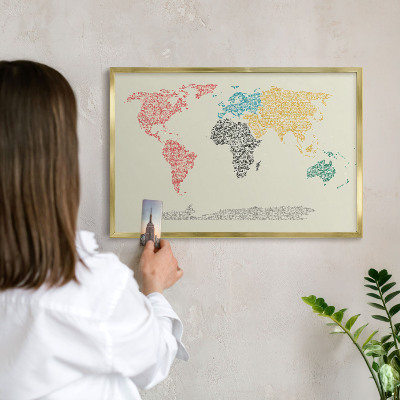 Metal magnet board with a gold frame World map