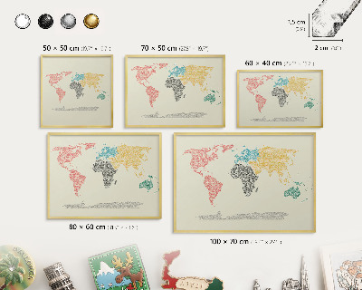 Metal magnet board with a gold frame World map