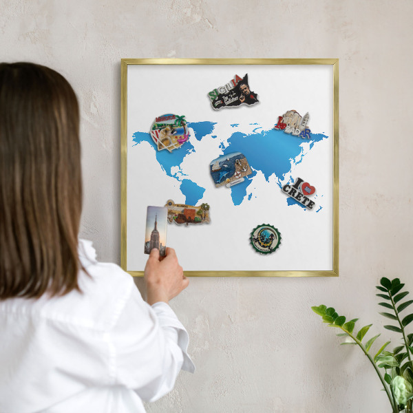 Metal magnet board with a gold frame World map