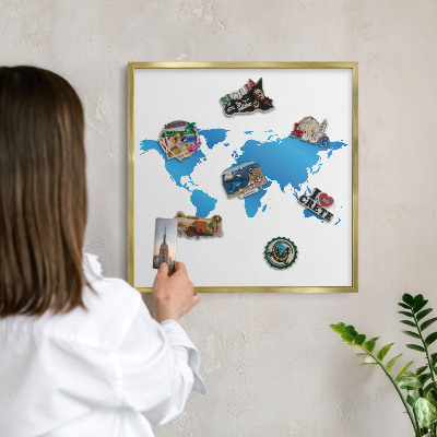 Metal magnet board with a gold frame World map