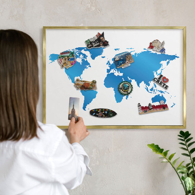 Metal magnet board with a gold frame World map