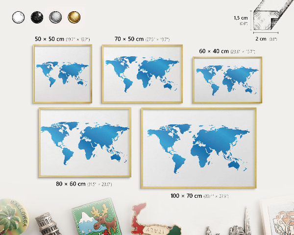Metal magnet board with a gold frame World map