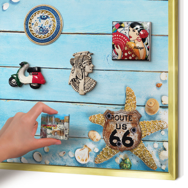 Metal magnet board with a gold frame Holiday rest