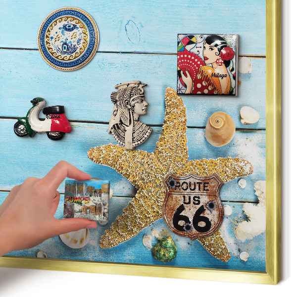 Metal magnet board with a gold frame Holiday rest