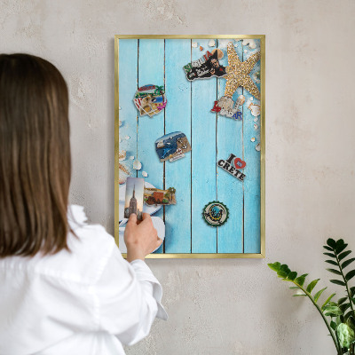 Metal magnet board with a gold frame Holiday rest