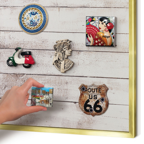 Metal magnet board with a gold frame Light wood