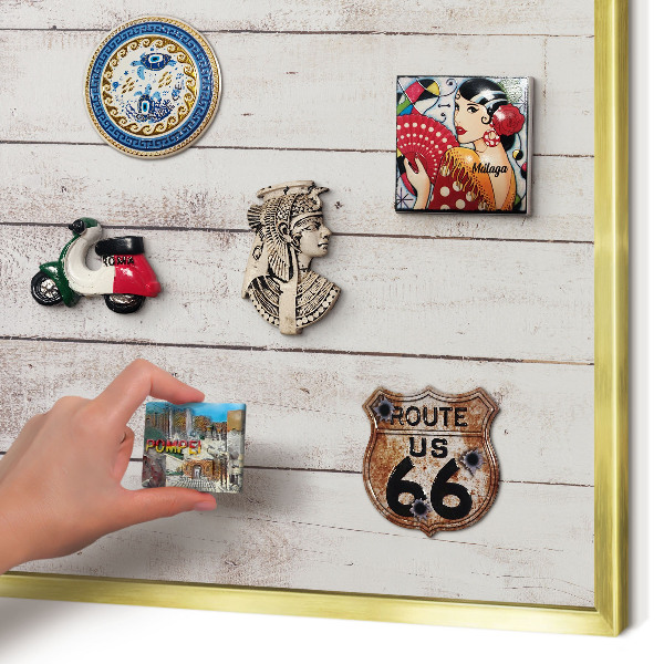 Metal magnet board with a gold frame Light wood