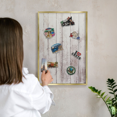 Metal magnet board with a gold frame Light wood