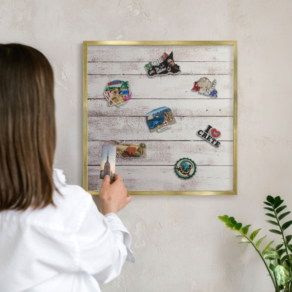 Metal magnet board with a gold frame Light wood