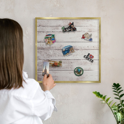 Metal magnet board with a gold frame Light wood