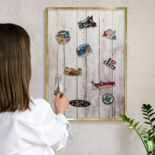 Metal magnet board with a gold frame Light wood