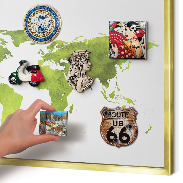 Metal magnet board with a gold frame Green map