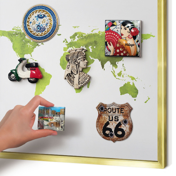 Metal magnet board with a gold frame Green map