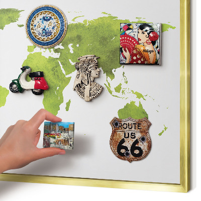 Metal magnet board with a gold frame Green map
