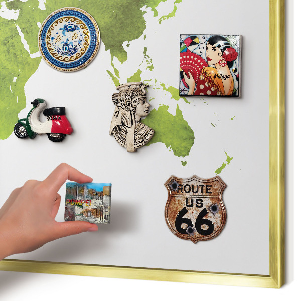 Metal magnet board with a gold frame Green map