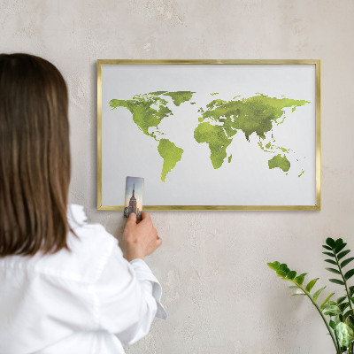 Metal magnet board with a gold frame Green map
