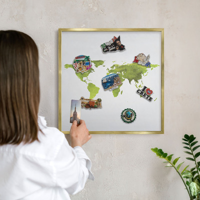 Metal magnet board with a gold frame Green map