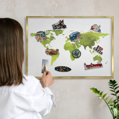 Metal magnet board with a gold frame Green map